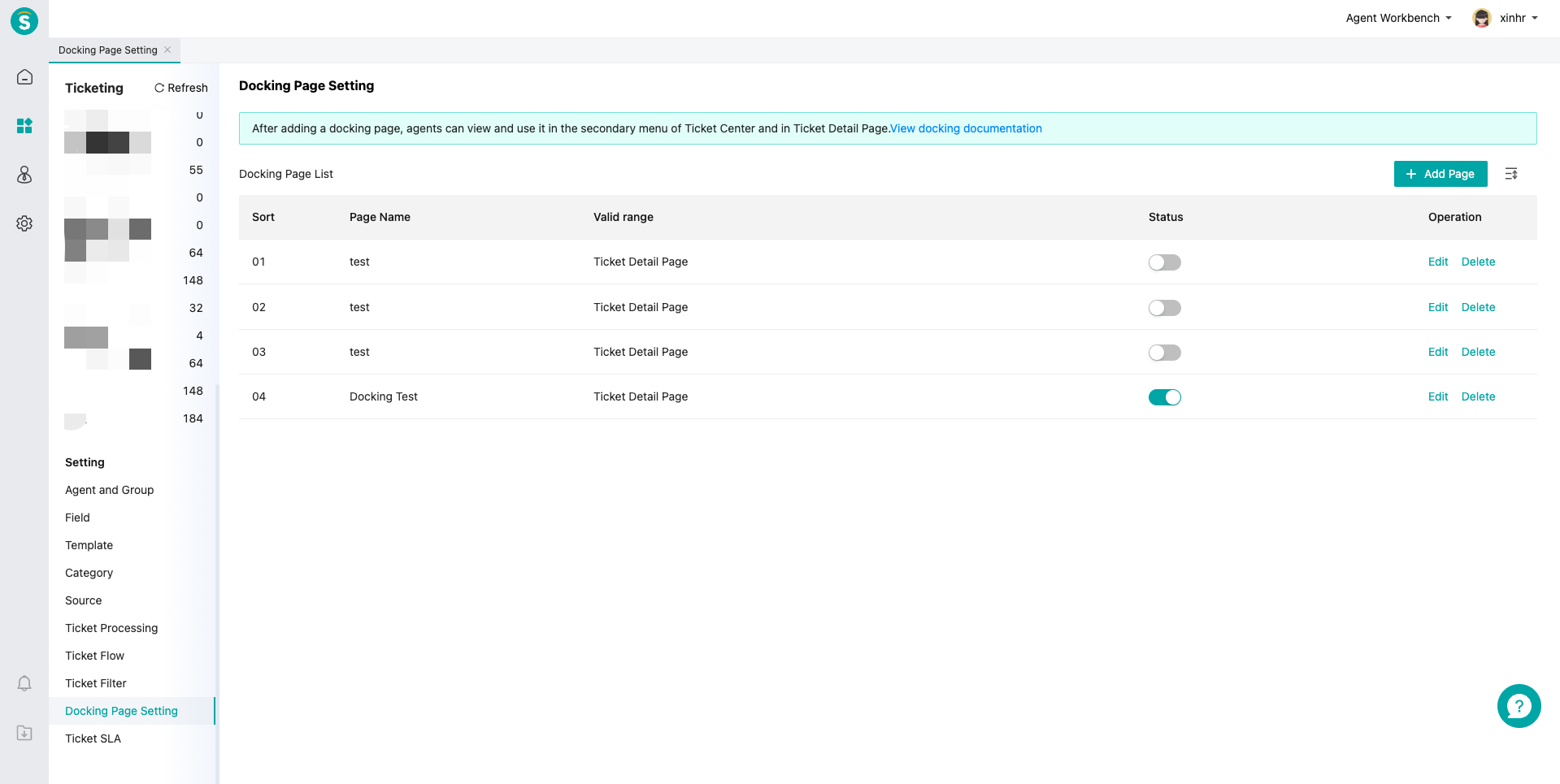 Ticket Center left-side navigation docking page